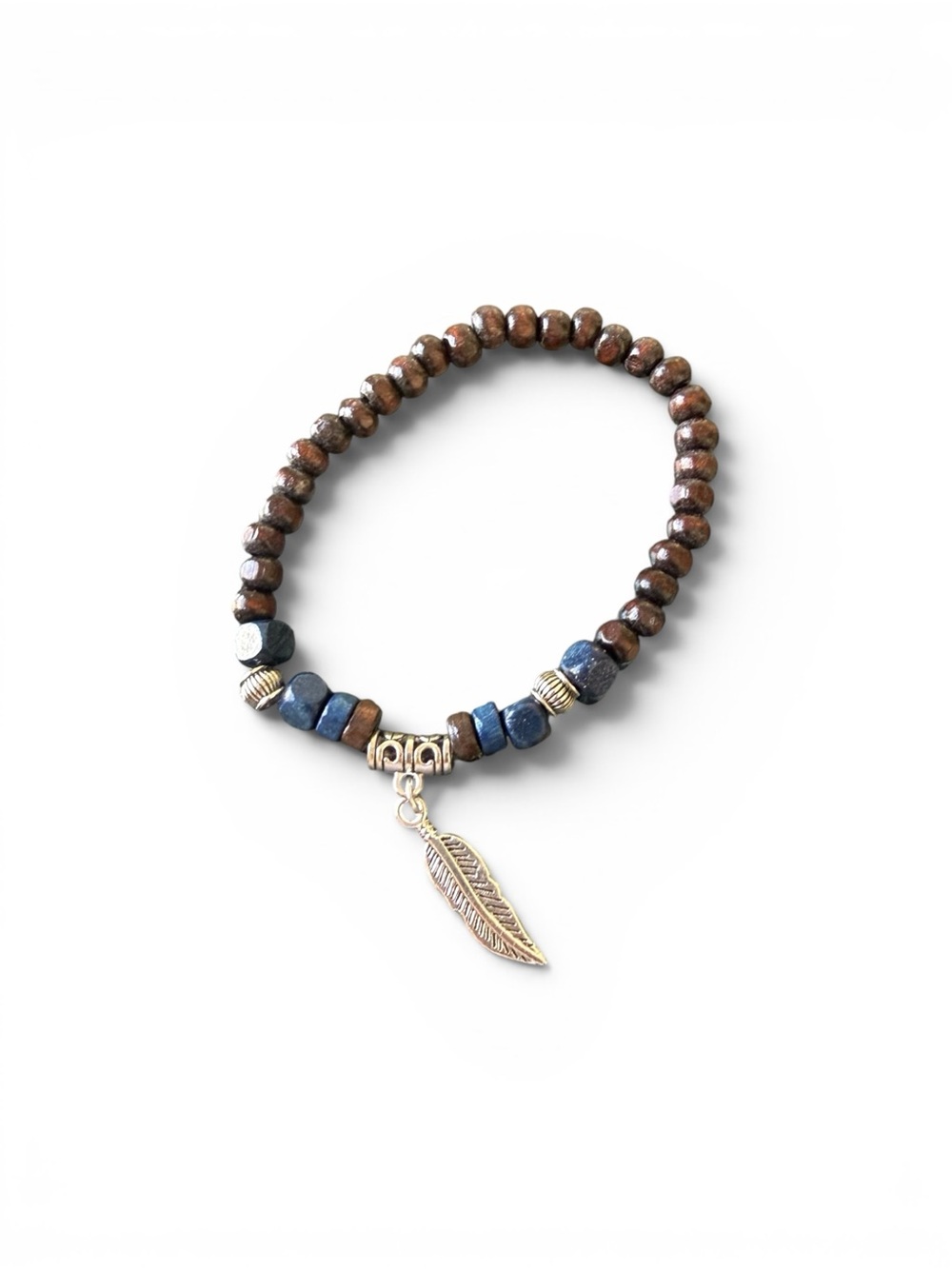 Beaded Feather Charm Bracelet - Brown & Blued